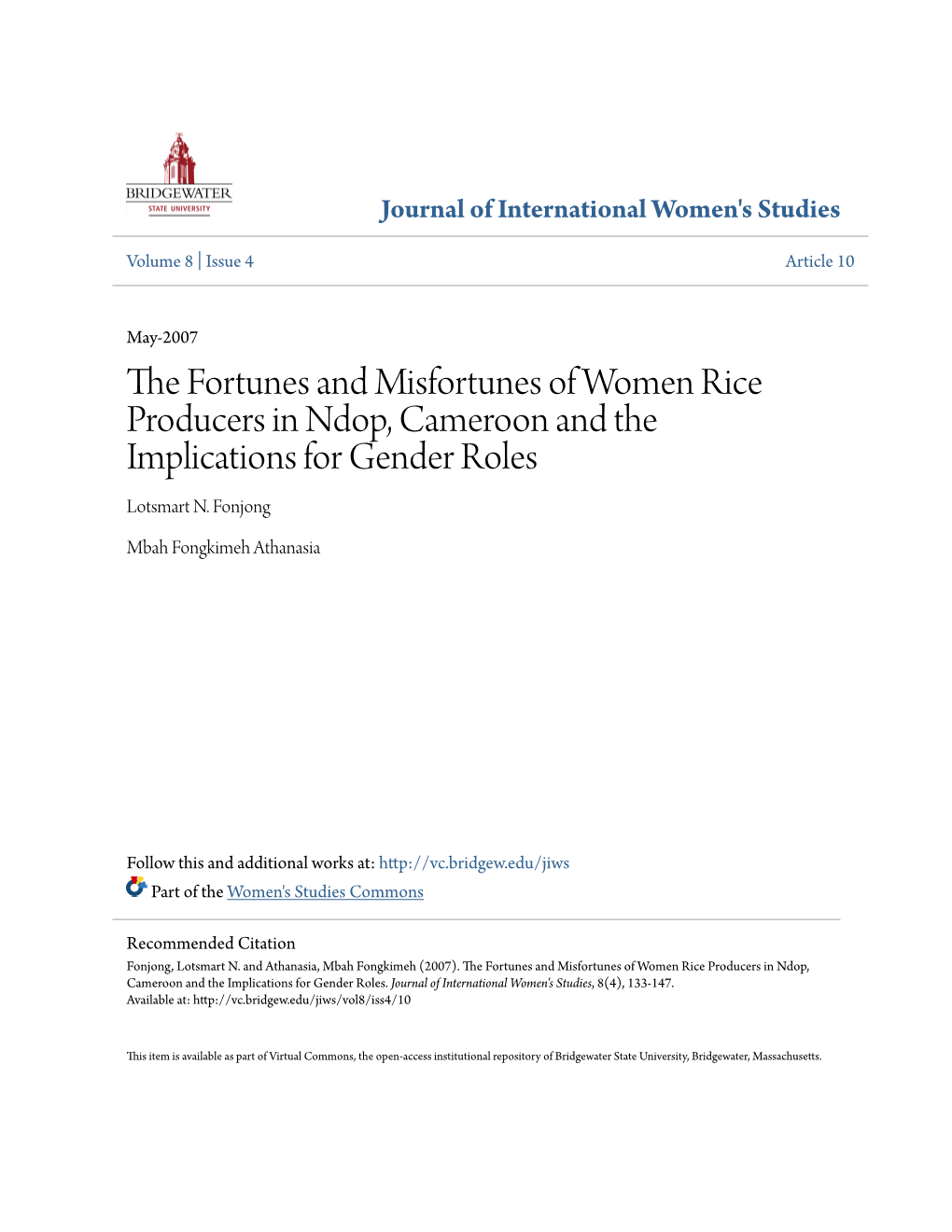 The Fortunes and Misfortunes of Women Rice Producers in Ndop, Cameroon and the Implications for Gender Roles