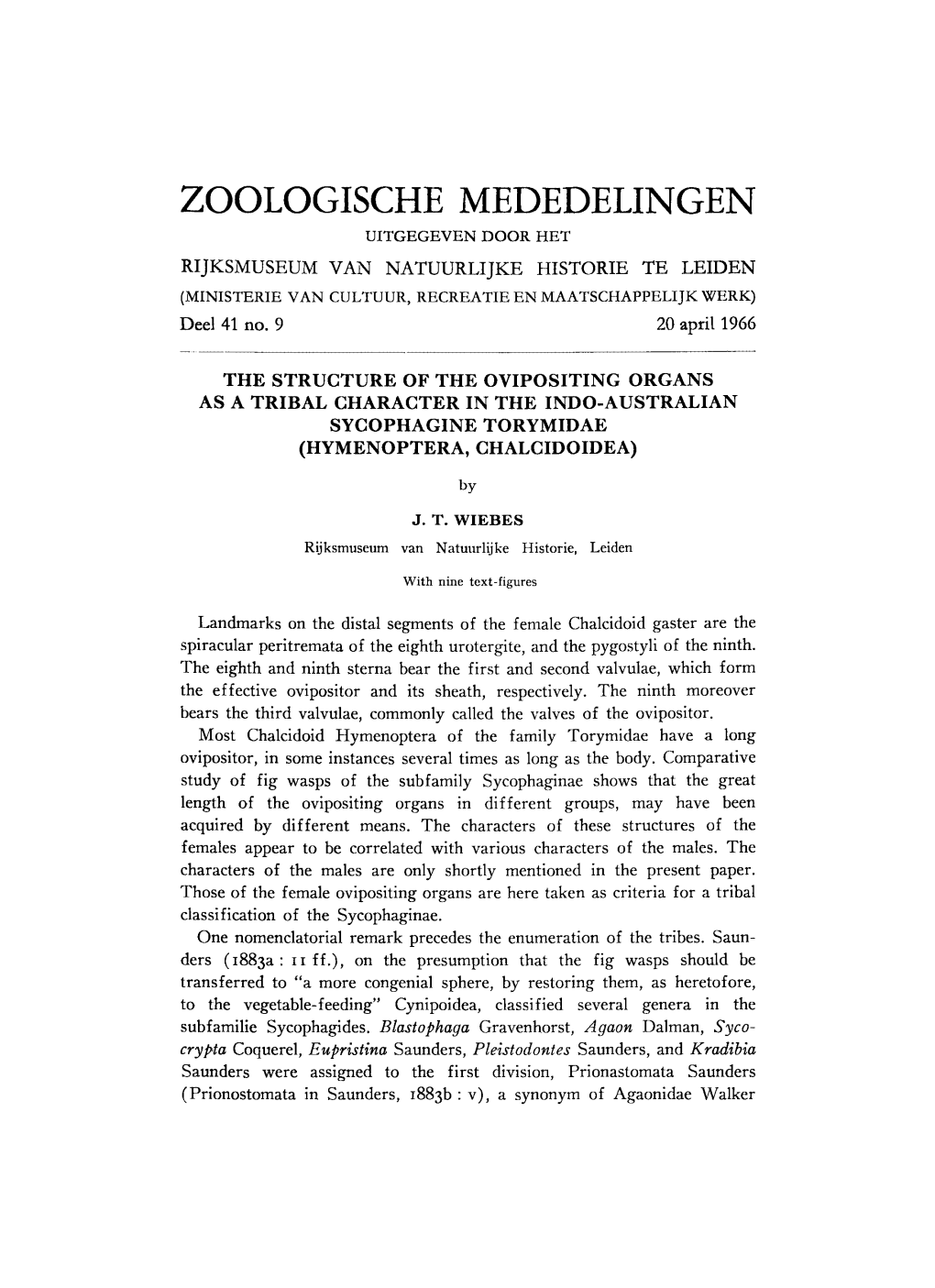 Zoologische Mededelingen Uitgegeven Door Het