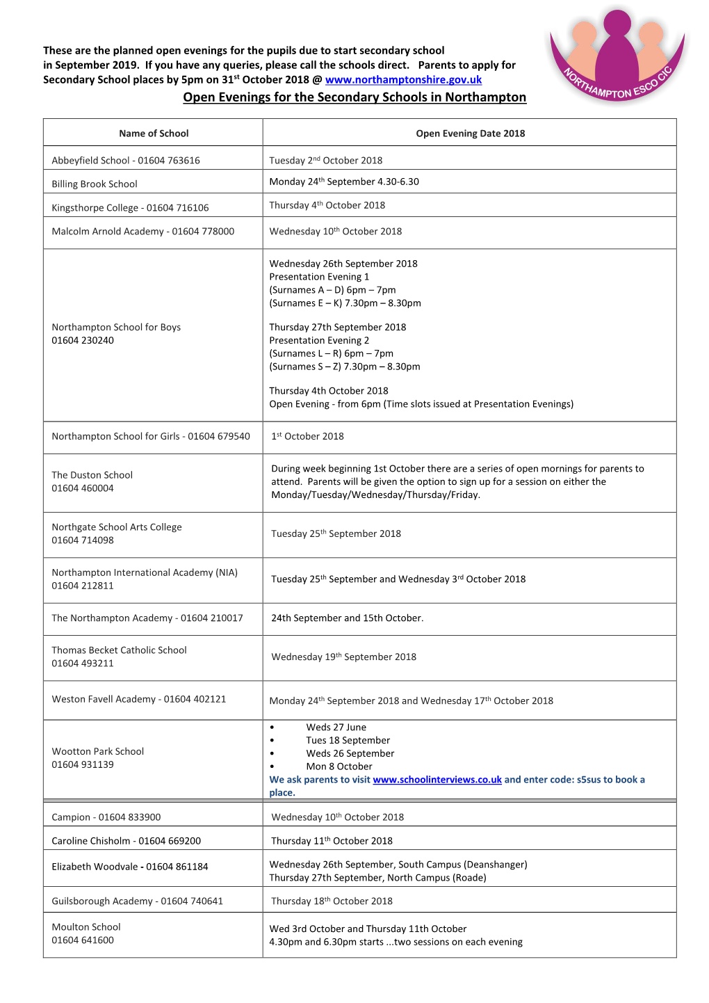 Open Evenings for the Secondary Schools in Northampton