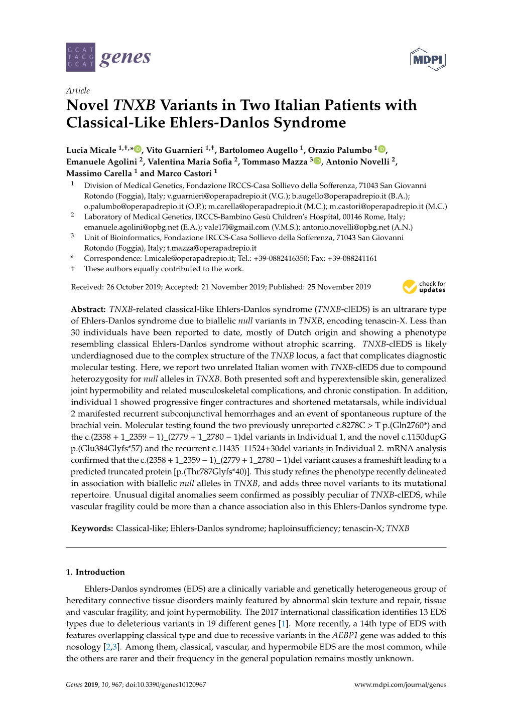 Novel TNXB Variants in Two Italian Patients with Classical-Like Ehlers-Danlos Syndrome
