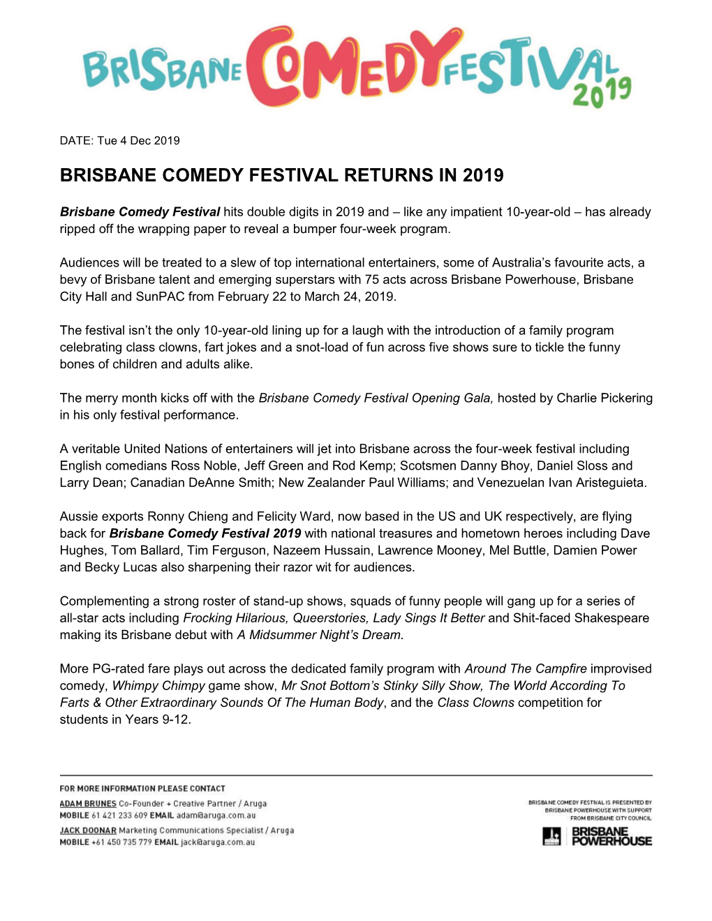 Brisbane Comedy Festival Returns in 2019