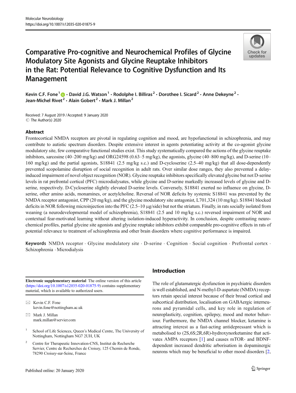 Comparative Pro-Cognitive and Neurochemical Profiles of Glycine