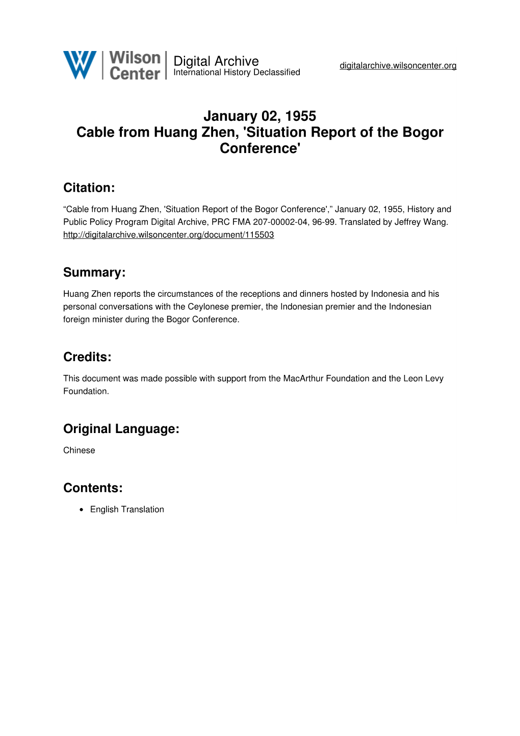 January 02, 1955 Cable from Huang Zhen, 'Situation Report of the Bogor Conference'