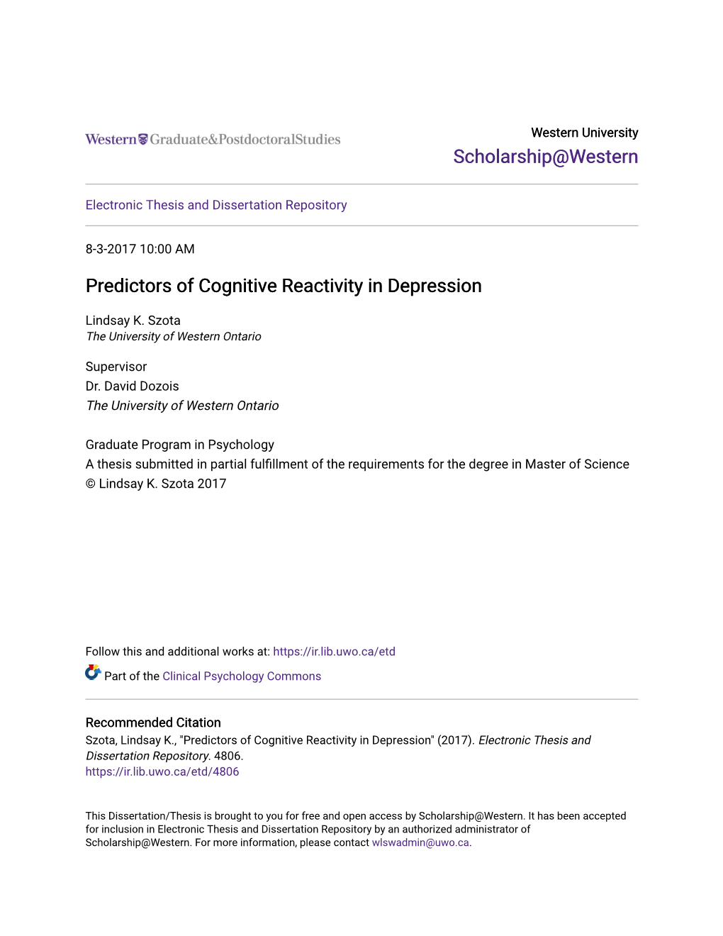 Predictors of Cognitive Reactivity in Depression