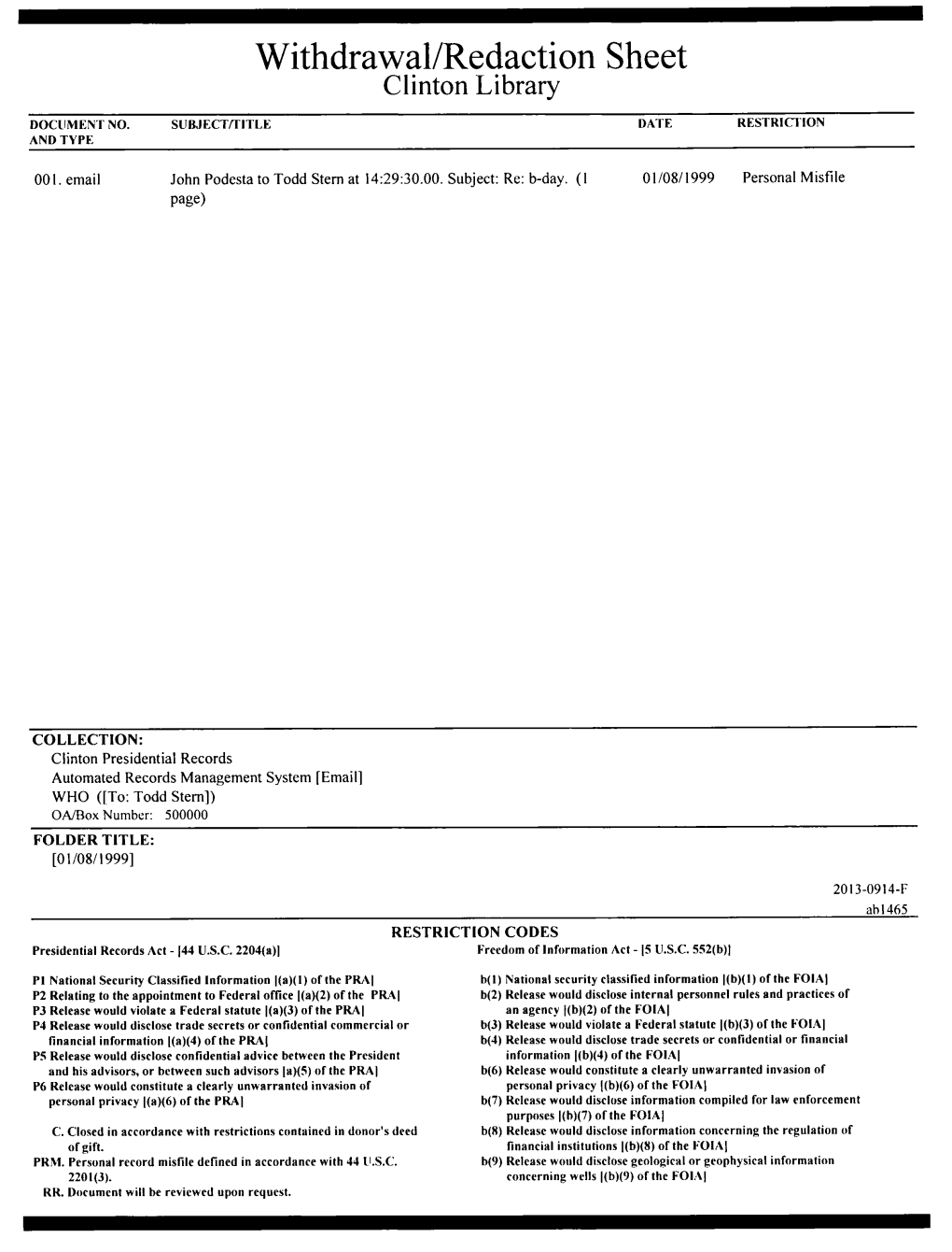 Withdrawal/Redaction Sheet Clinton Library DOCUMENT NO