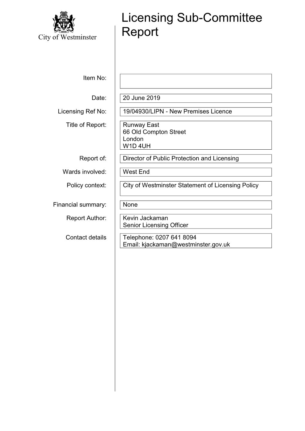 Licensing Sub-Committee Report