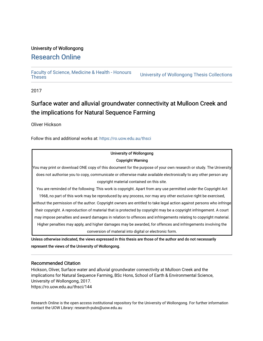 Surface Water and Alluvial Groundwater Connectivity at Mulloon Creek and the Implications for Natural Sequence Farming