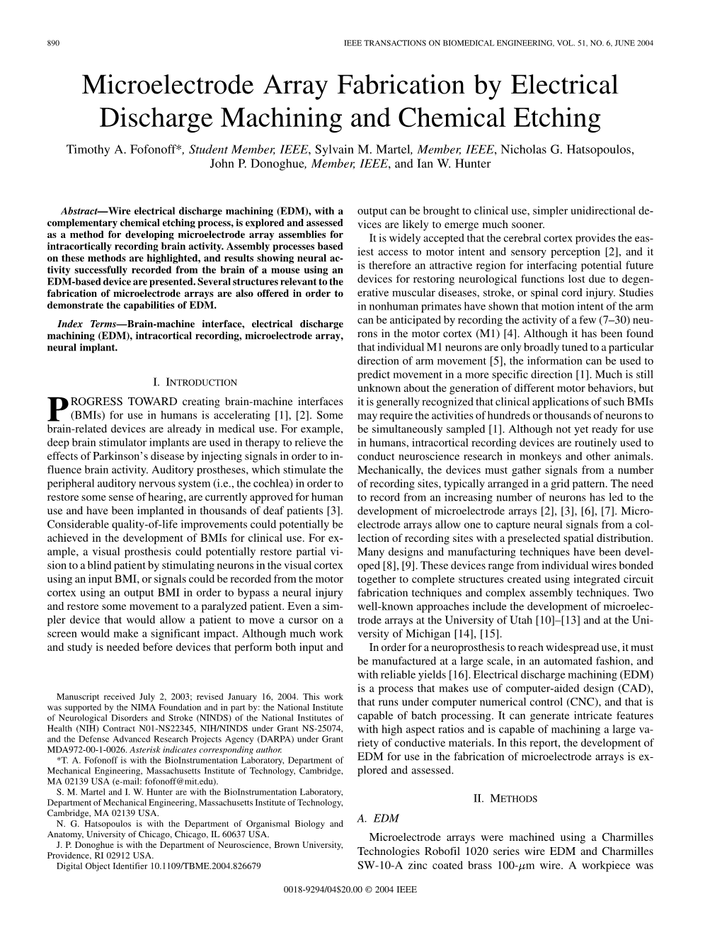 Microelectrode Array Fabrication by Electrical Discharge Machining and Chemical Etching Timothy A