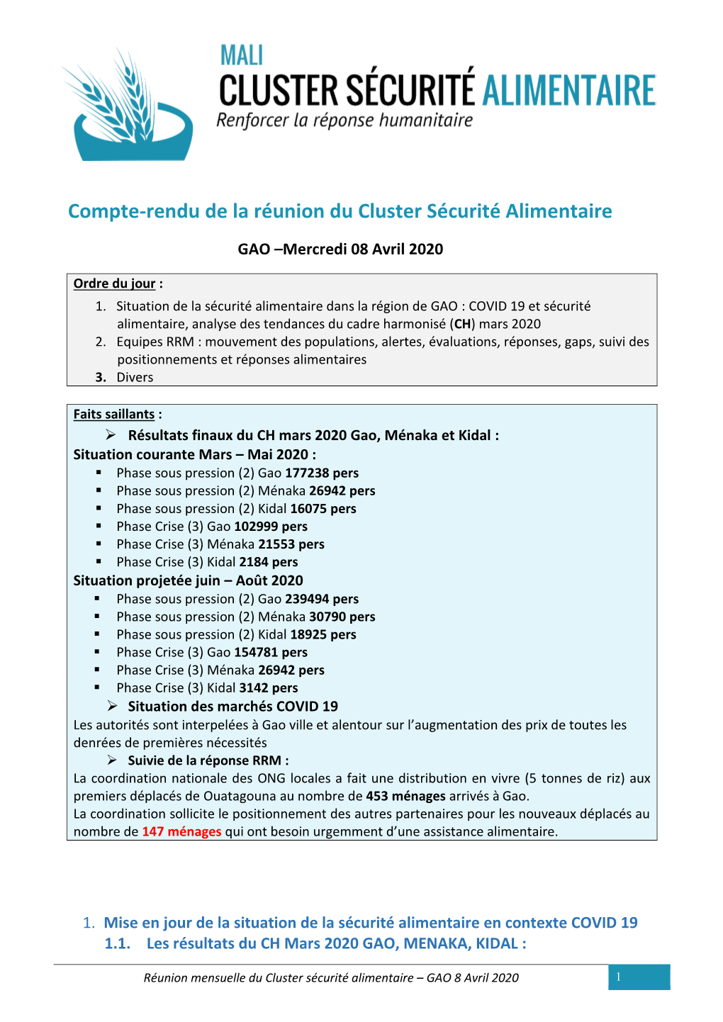 Compte-Rendu De La Réunion Du Cluster Sécurité Alimentaire