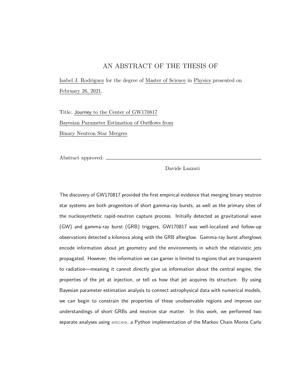 An Abstract of the Thesis Of