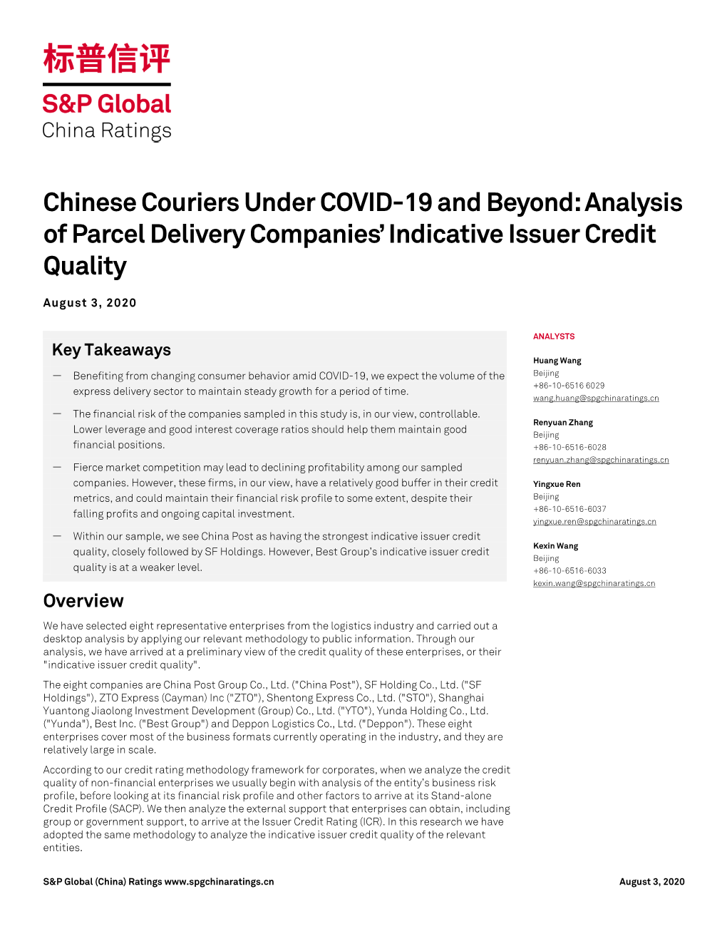 Analysis of Parcel Delivery Companies' Indicative Issuer Credit