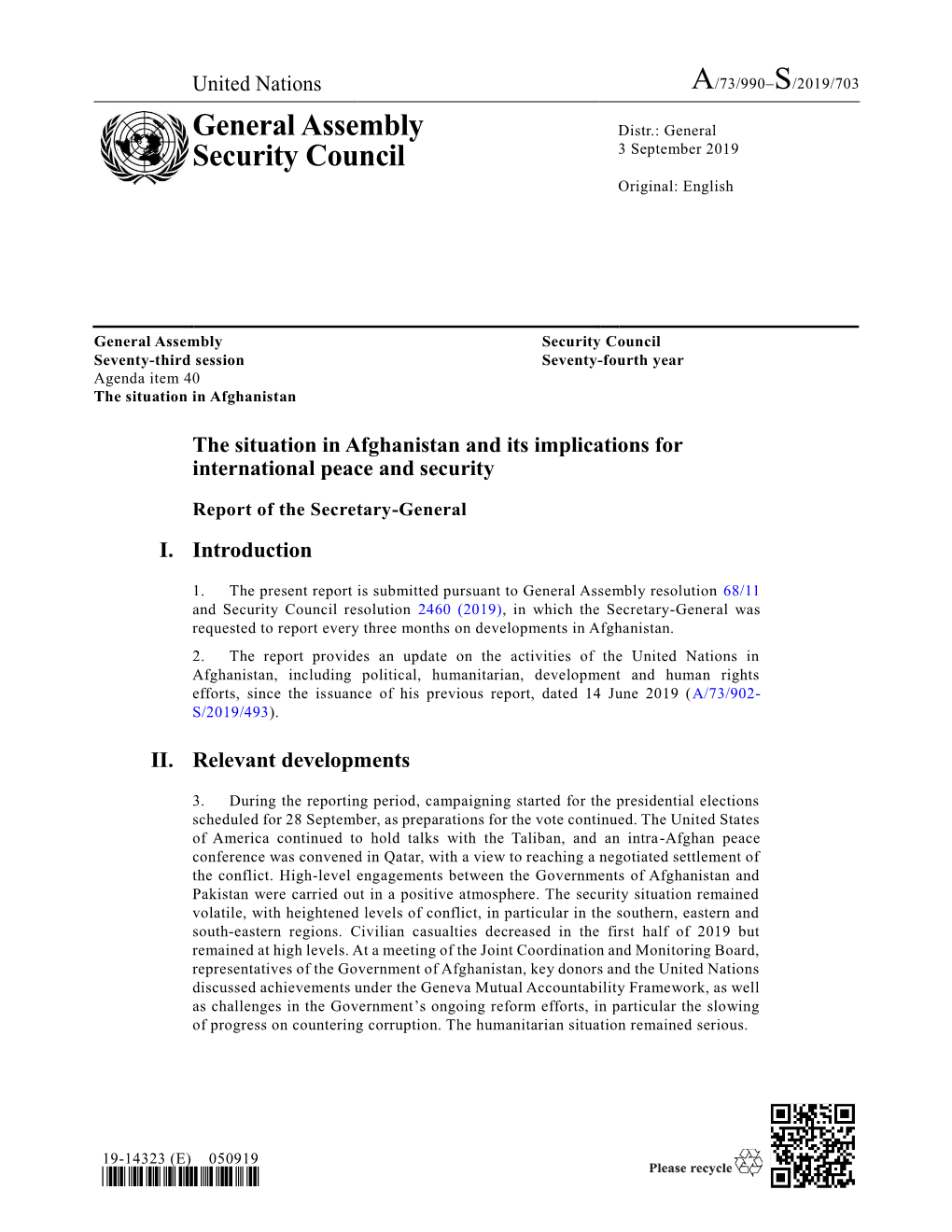 Report of the Secretary-General: the Situation in Afghanistan