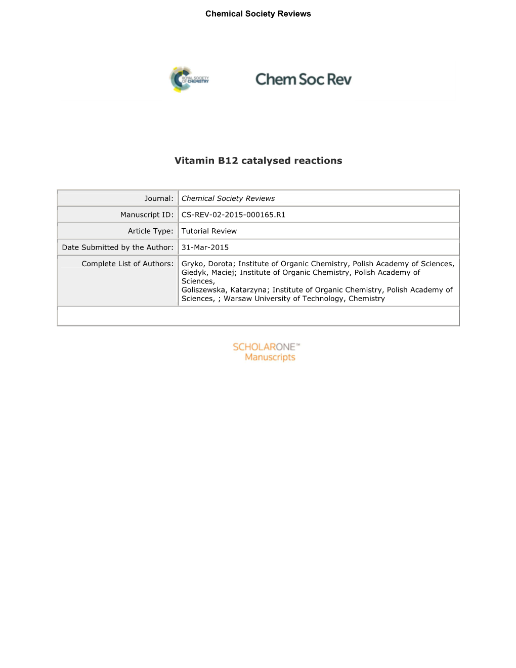 Vitamin B12 Catalysed Reactions