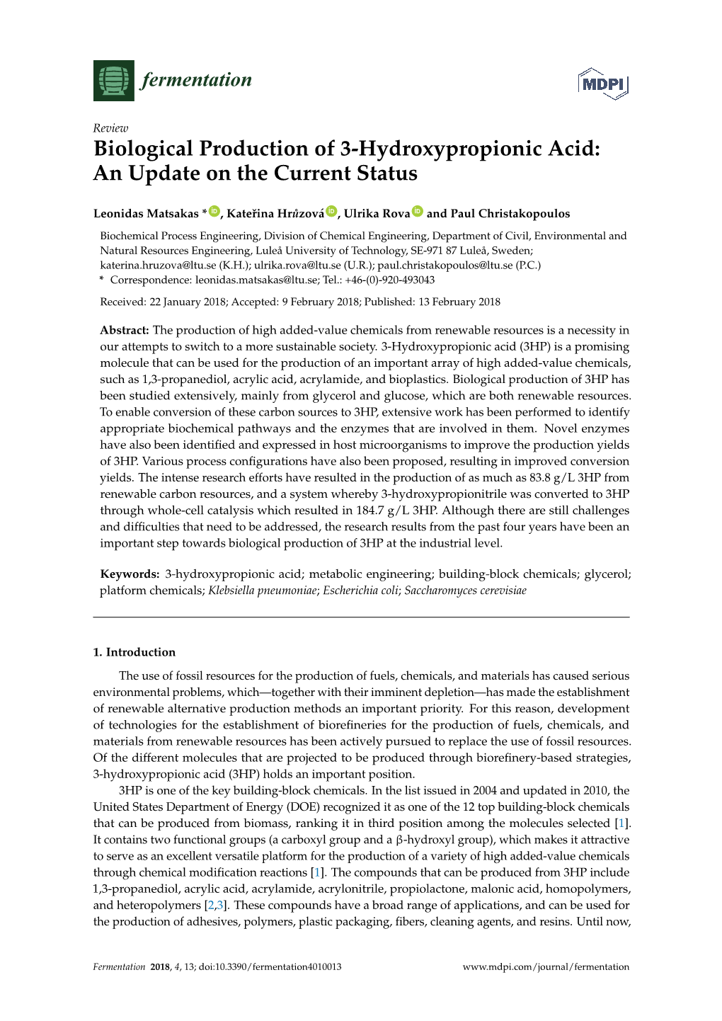 Biological Production of 3-Hydroxypropionic Acid: an Update on the Current Status