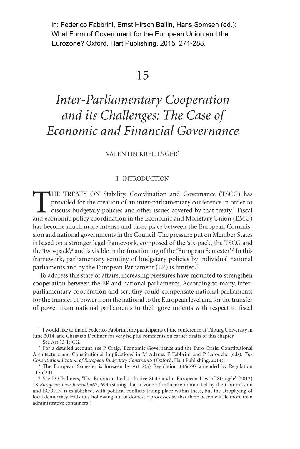 15 Inter-Parliamentary Cooperation and Its Challenges: the Case of Economic and Financial Governance