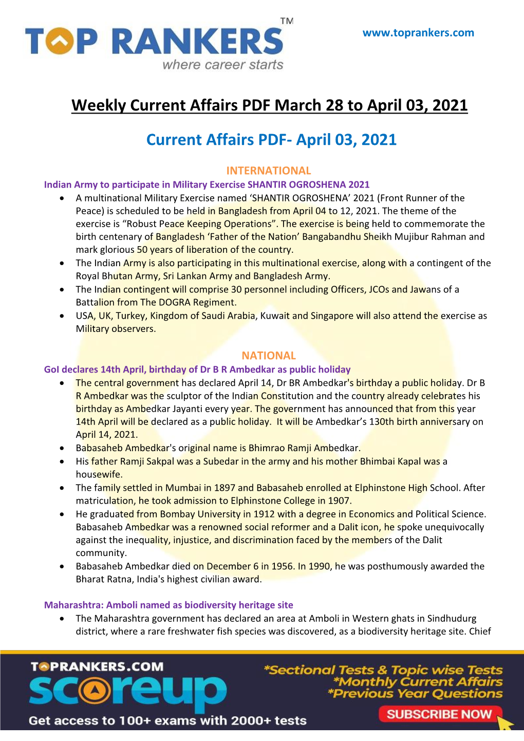 Weekly Current Affairs PDF March 28 to April 03, 2021 Current Affairs