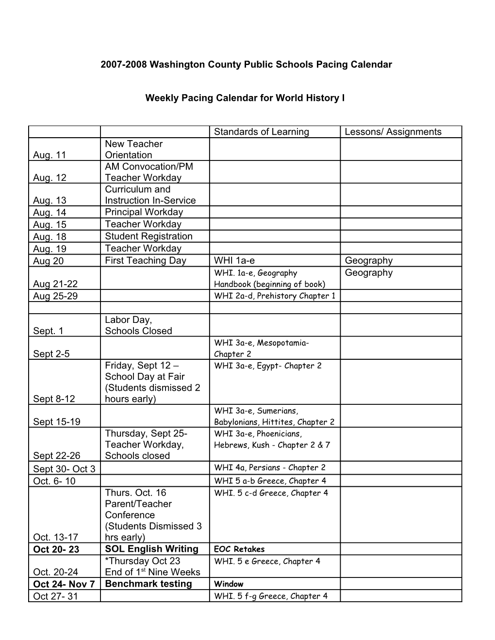 2006-2007 Washington County Public Schools Pacing Calendar s1