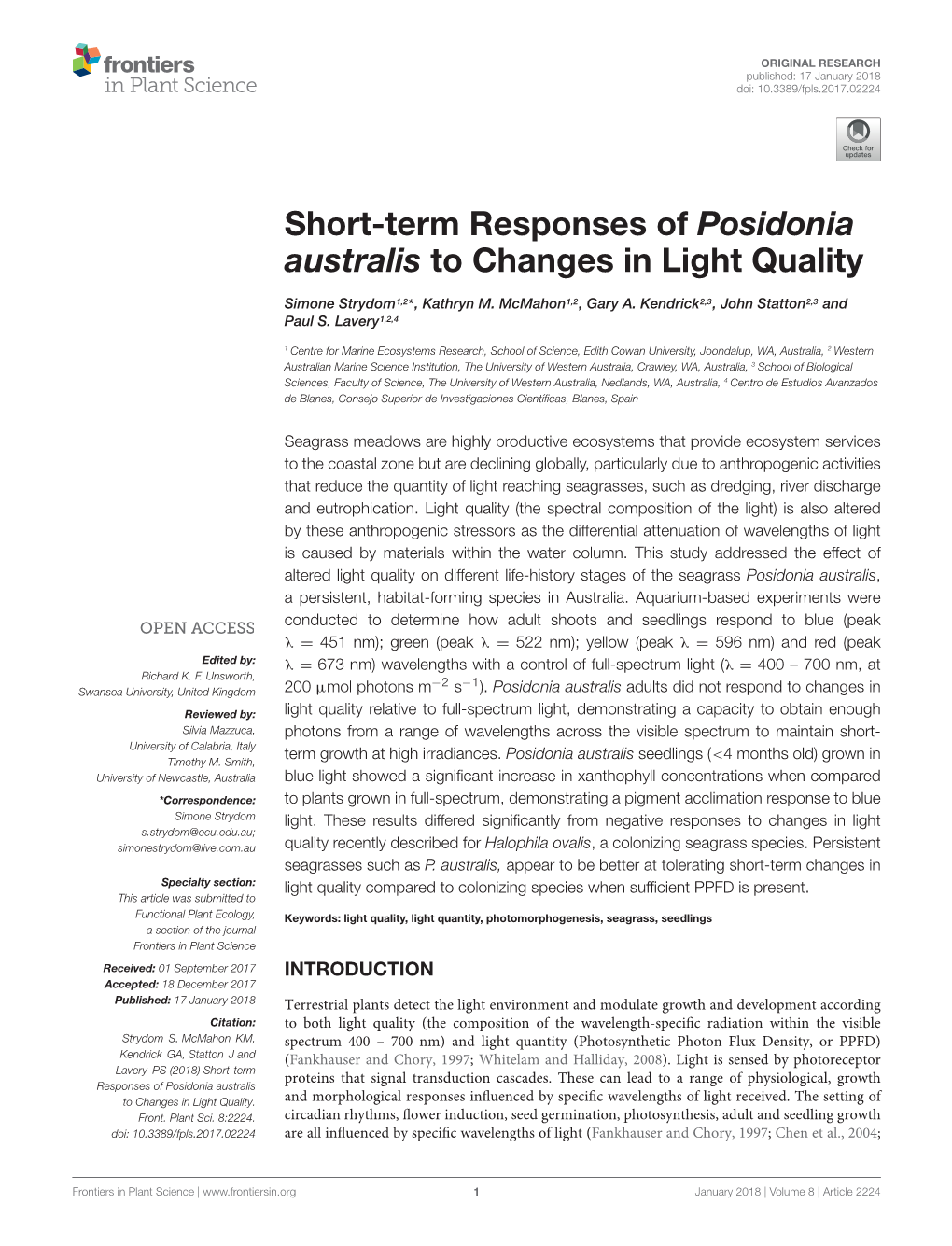 Short-Term Responses of Posidonia Australis to Changes in Light Quality