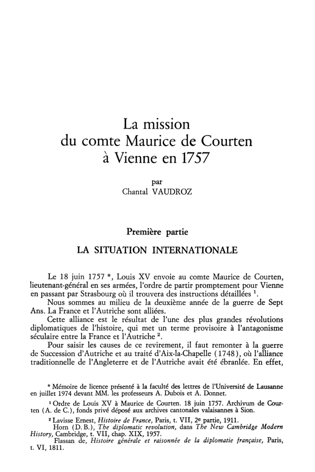 La Mission Du Comte Maurice De Courten À Vienne En 1757