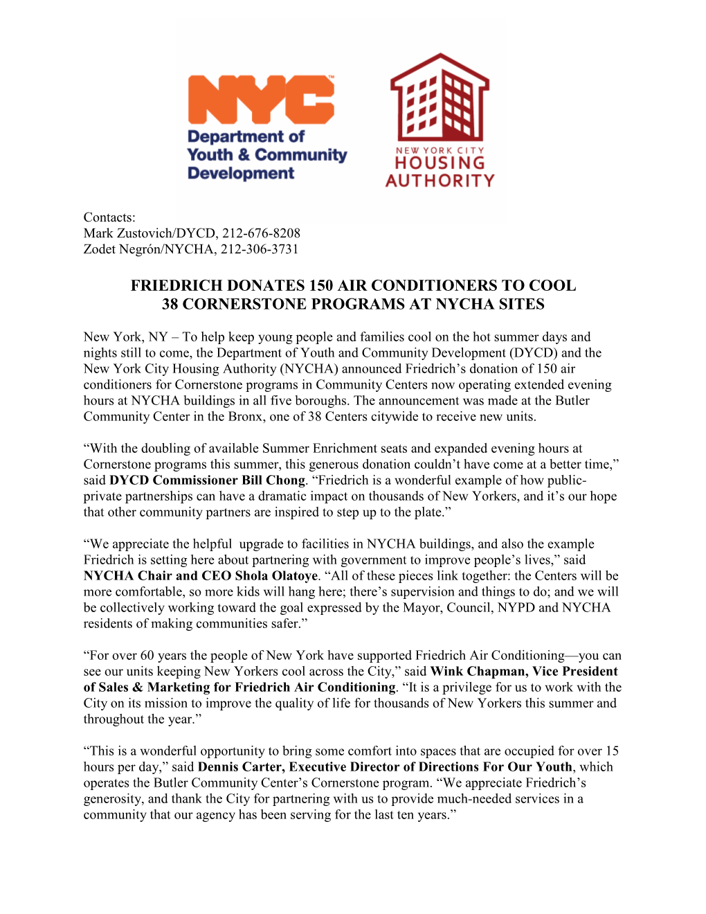 Friedrich Donates 150 Air Conditioners to Cool 38 Cornerstone Programs at Nycha Sites