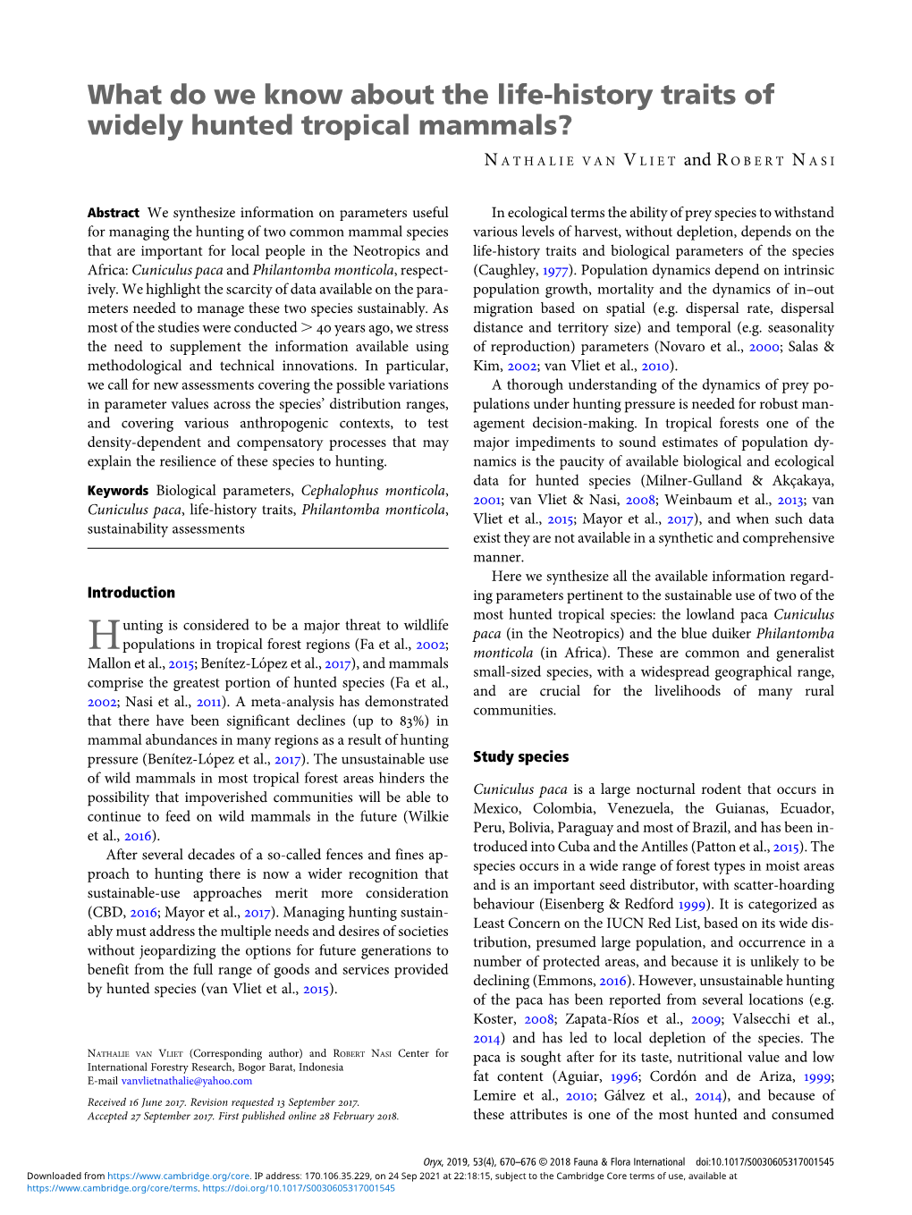 What Do We Know About the Life-History Traits of Widely Hunted Tropical Mammals?