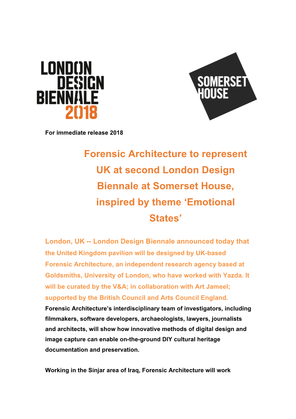 Forensic Architecture to Represent UK at Second London Design Biennale at Somerset House, Inspired by Theme 'Emotional States