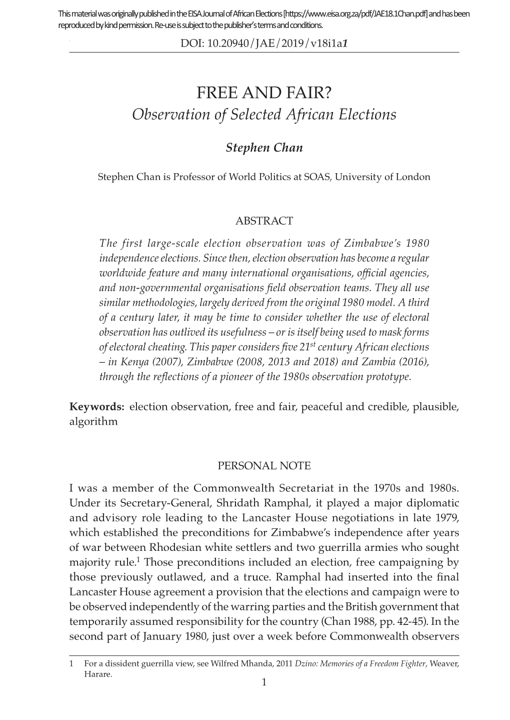 FREE and FAIR? Observation of Selected African Elections