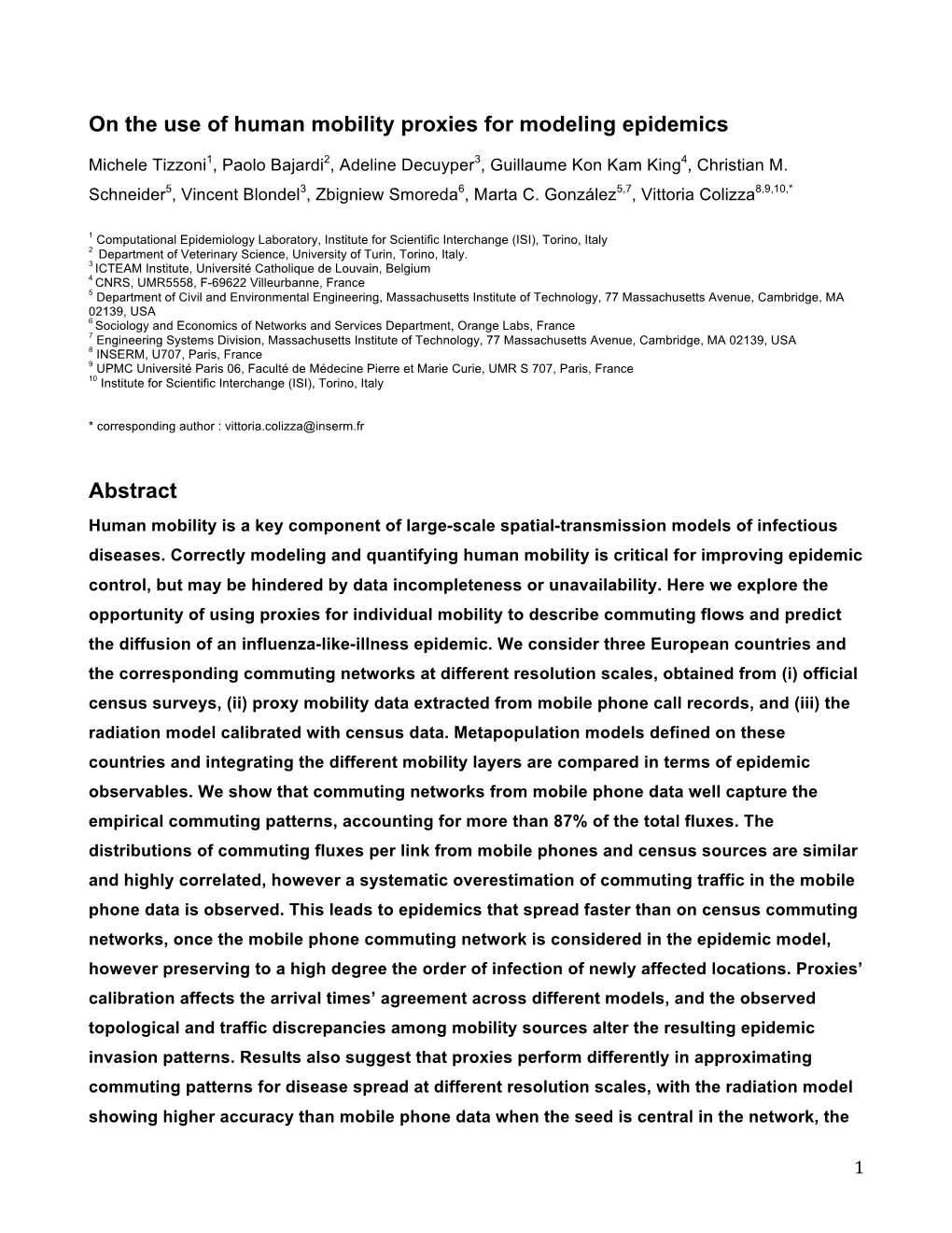 On the Use of Human Mobility Proxies for Modeling Epidemics Abstract