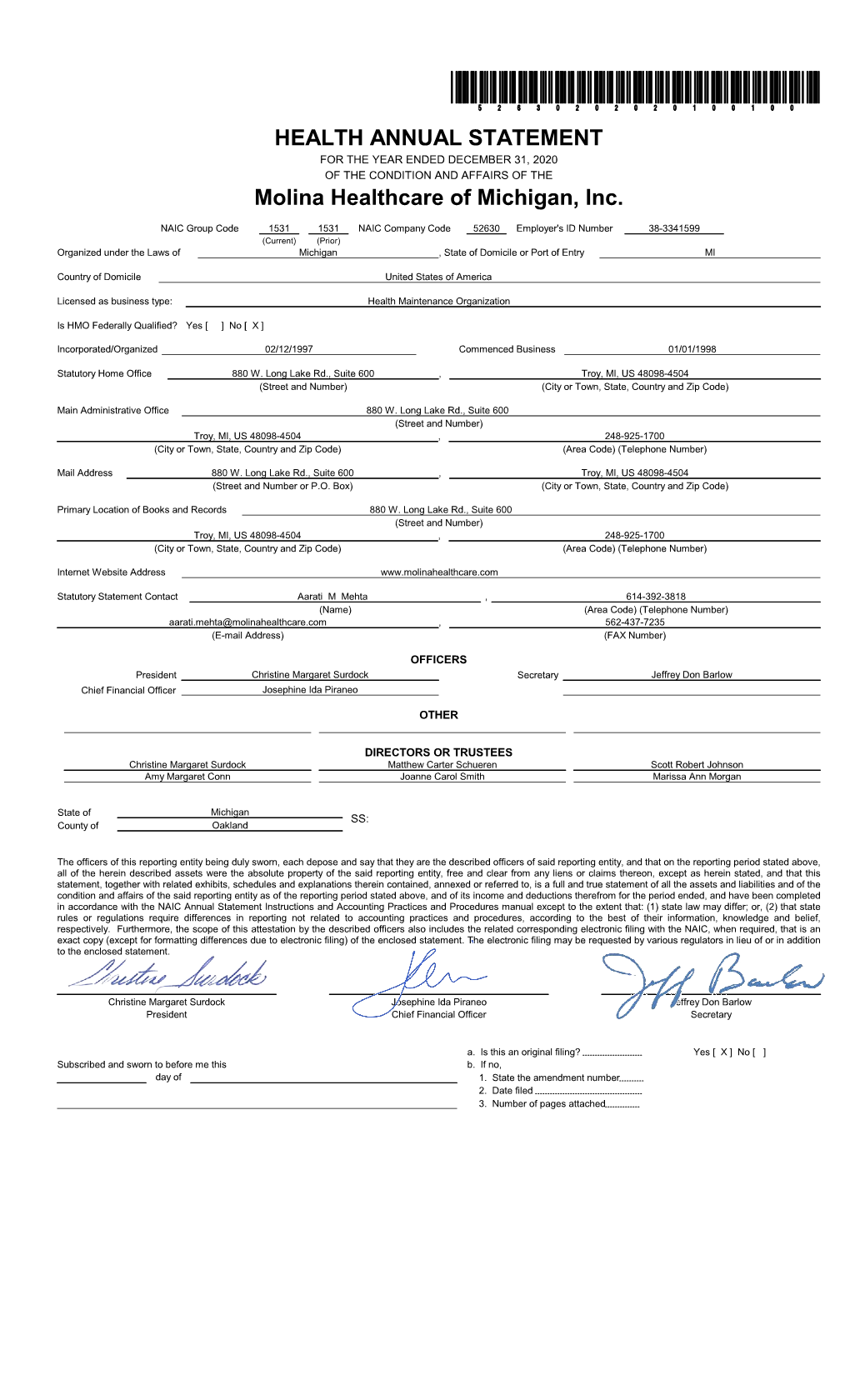 52630 Molina Healthcare of Michigan, Inc. Original Filing March Original Filing