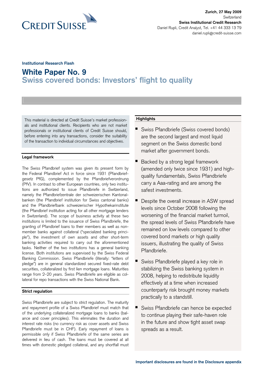 White Paper No. 9 Swiss Covered Bonds: Investors' Flight to Quality