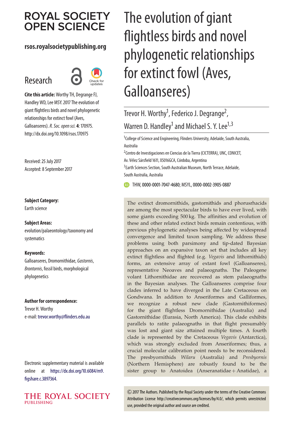 The Evolution of Giant Flightless Birds and Novel Rsos.Royalsocietypublishing.Org Phylogenetic Relationships