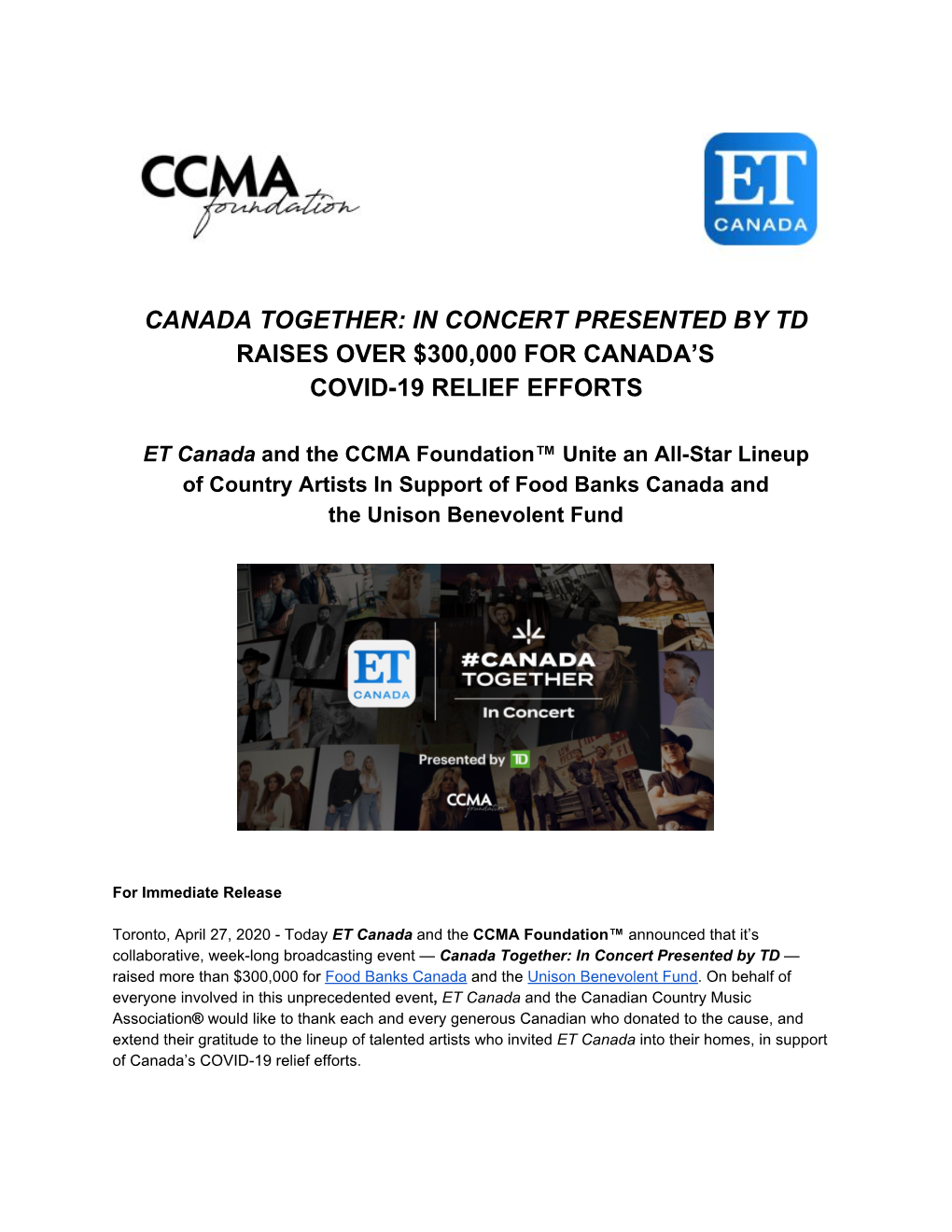 Canada Together: in Concert Presented by Td Raises Over $300,000 for Canada’S Covid-19 Relief Efforts
