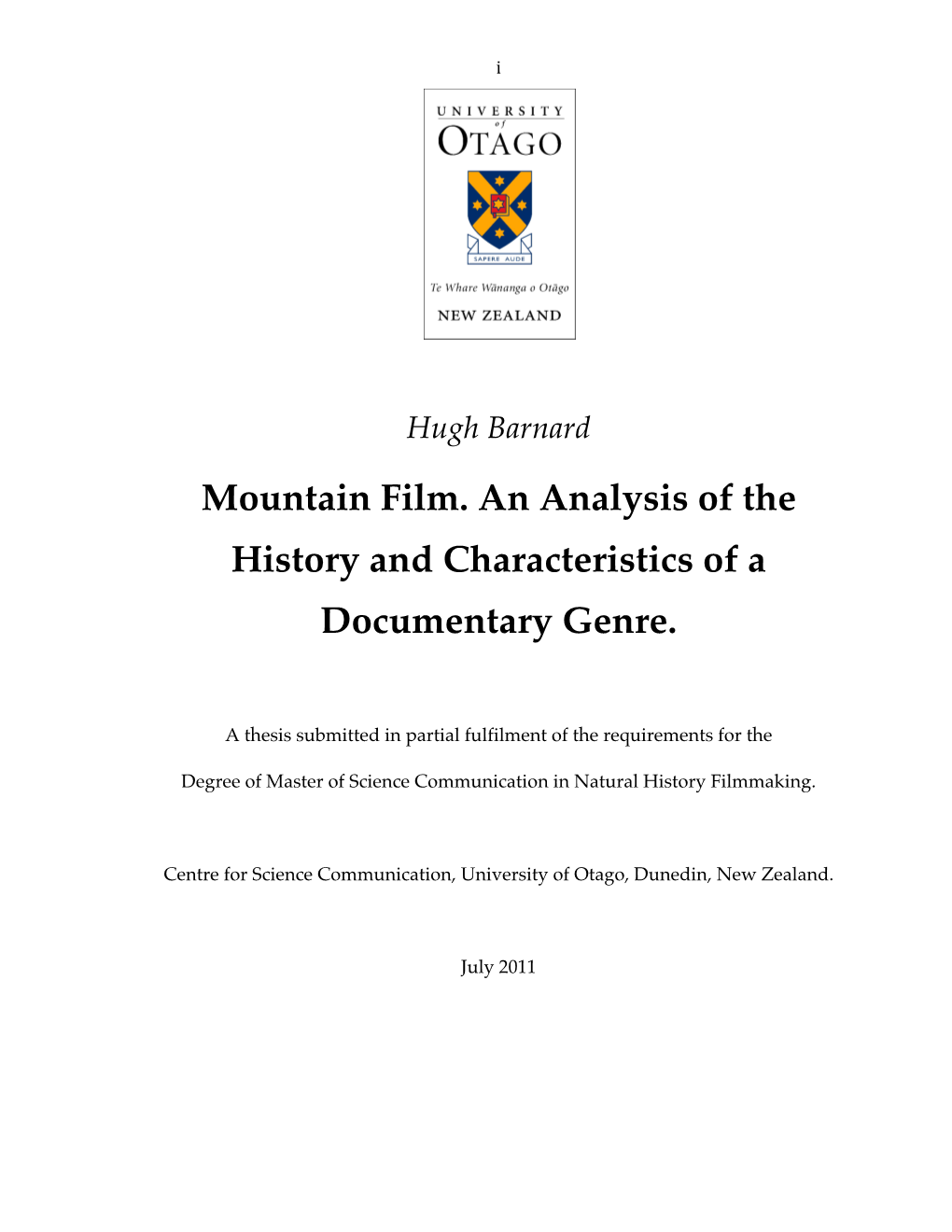 Mountain Film. an Analysis of the History and Characteristics of a Documentary Genre