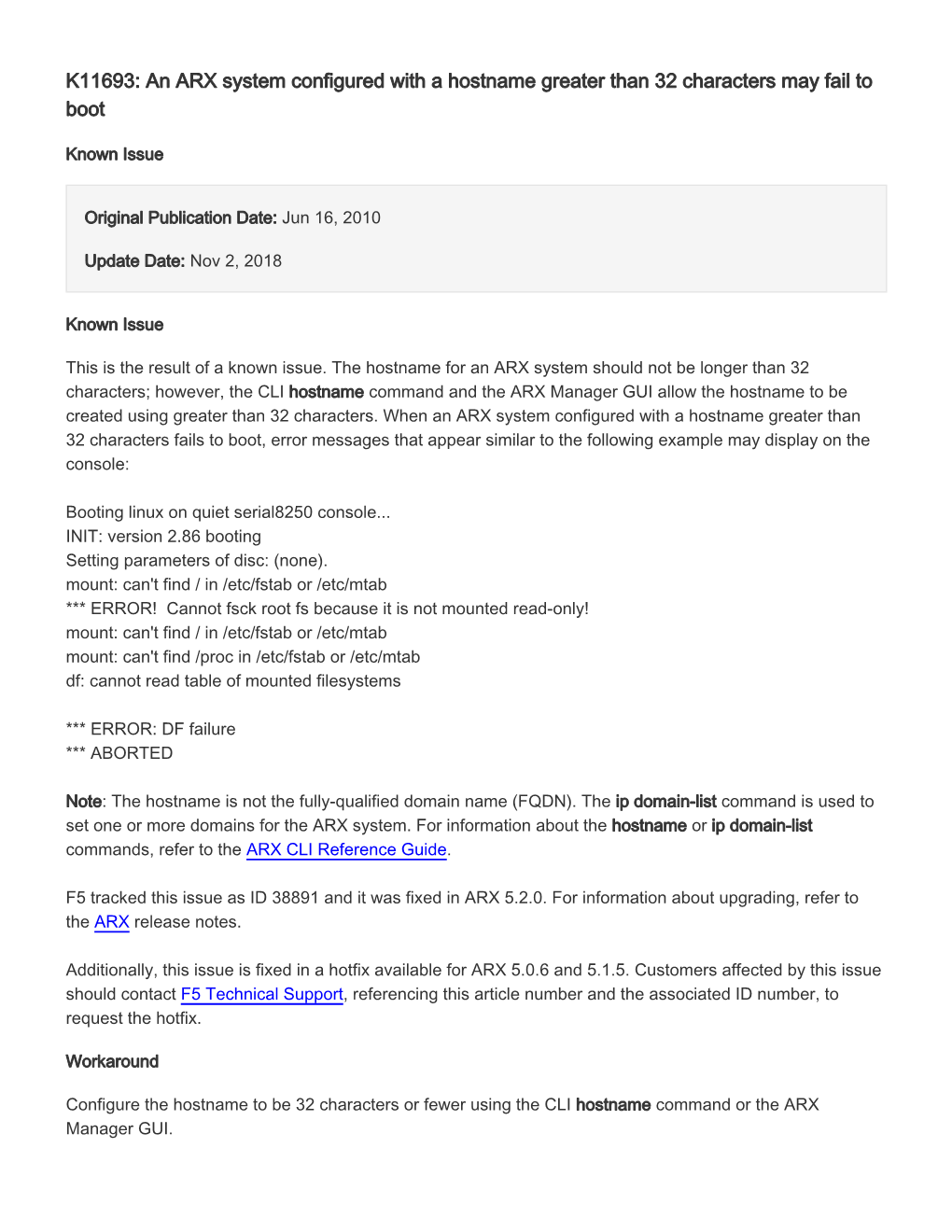 K11693: an ARX System Configured with a Hostname Greater Than 32 Characters May Fail to Boot