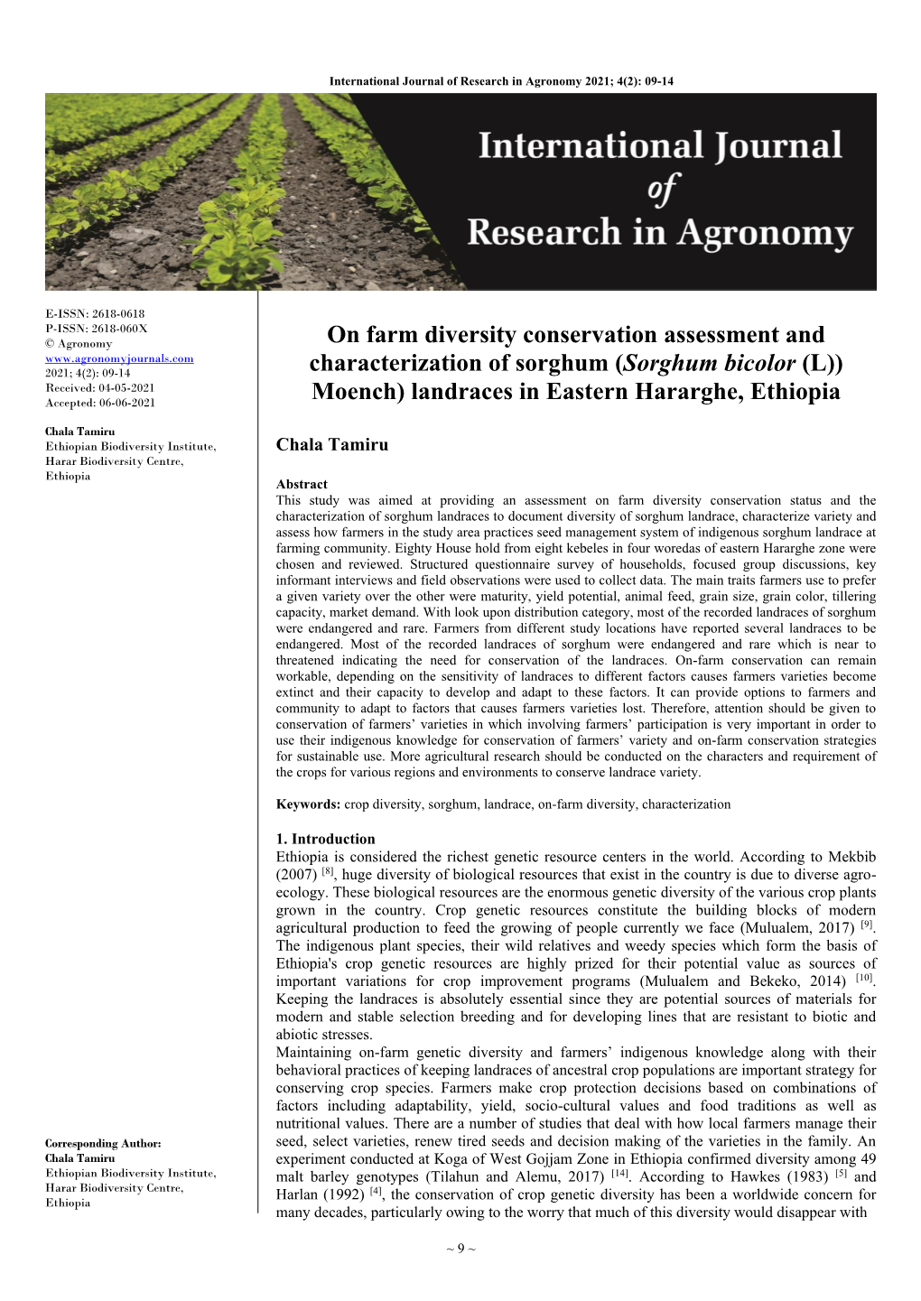 On Farm Diversity Conservation Assessment and Characterization Of