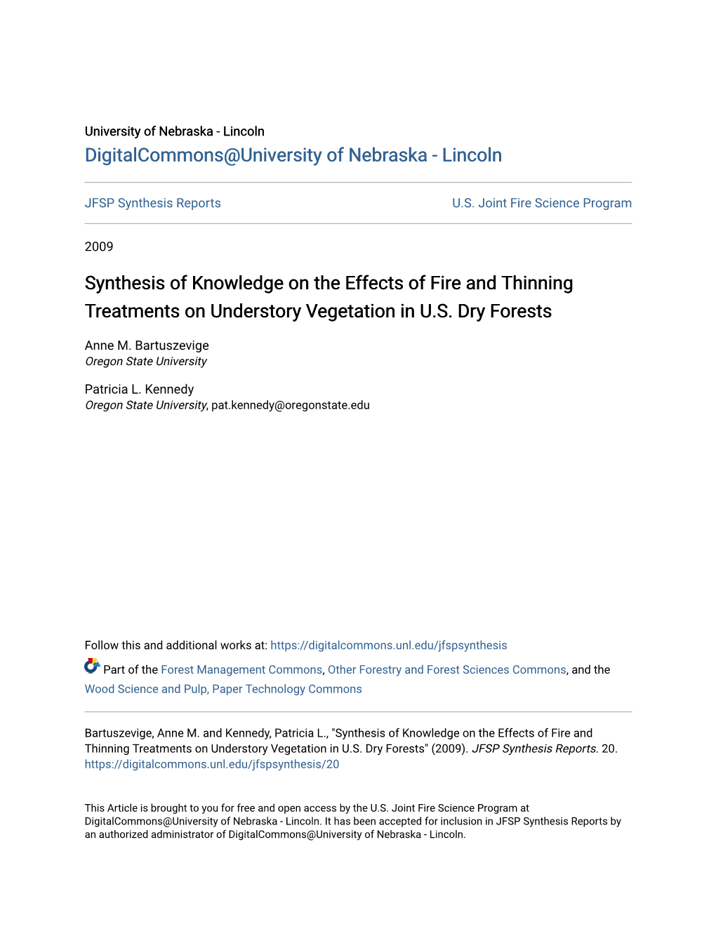 Synthesis of Knowledge on the Effects of Fire and Thinning Treatments on Understory Vegetation in U.S