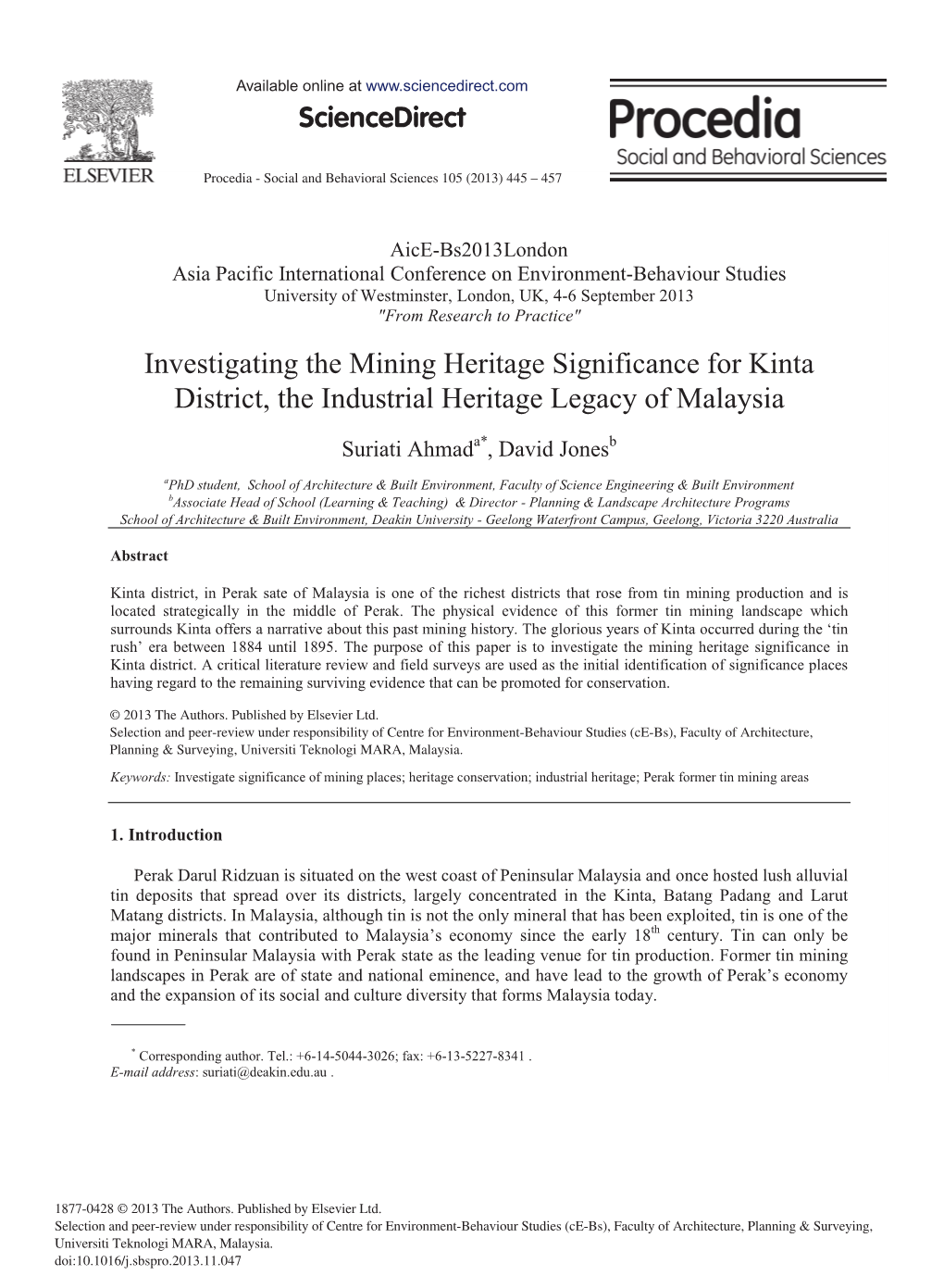 Investigating the Mining Heritage Significance for Kinta District, the Industrial Heritage Legacy of Malaysia