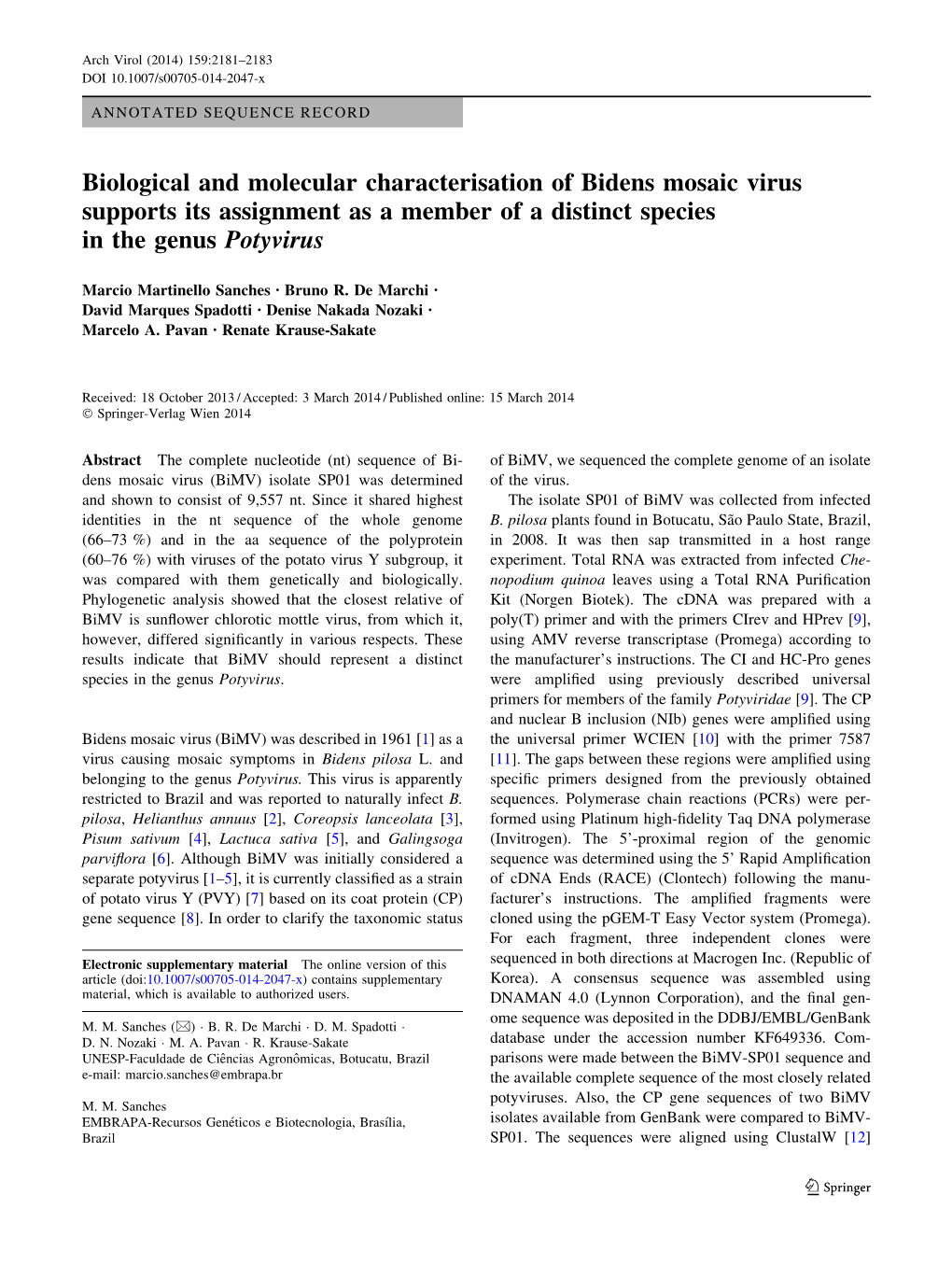 Biological and Molecular Characterisation of Bidens Mosaic Virus Supports Its Assignment As a Member of a Distinct Species in the Genus Potyvirus