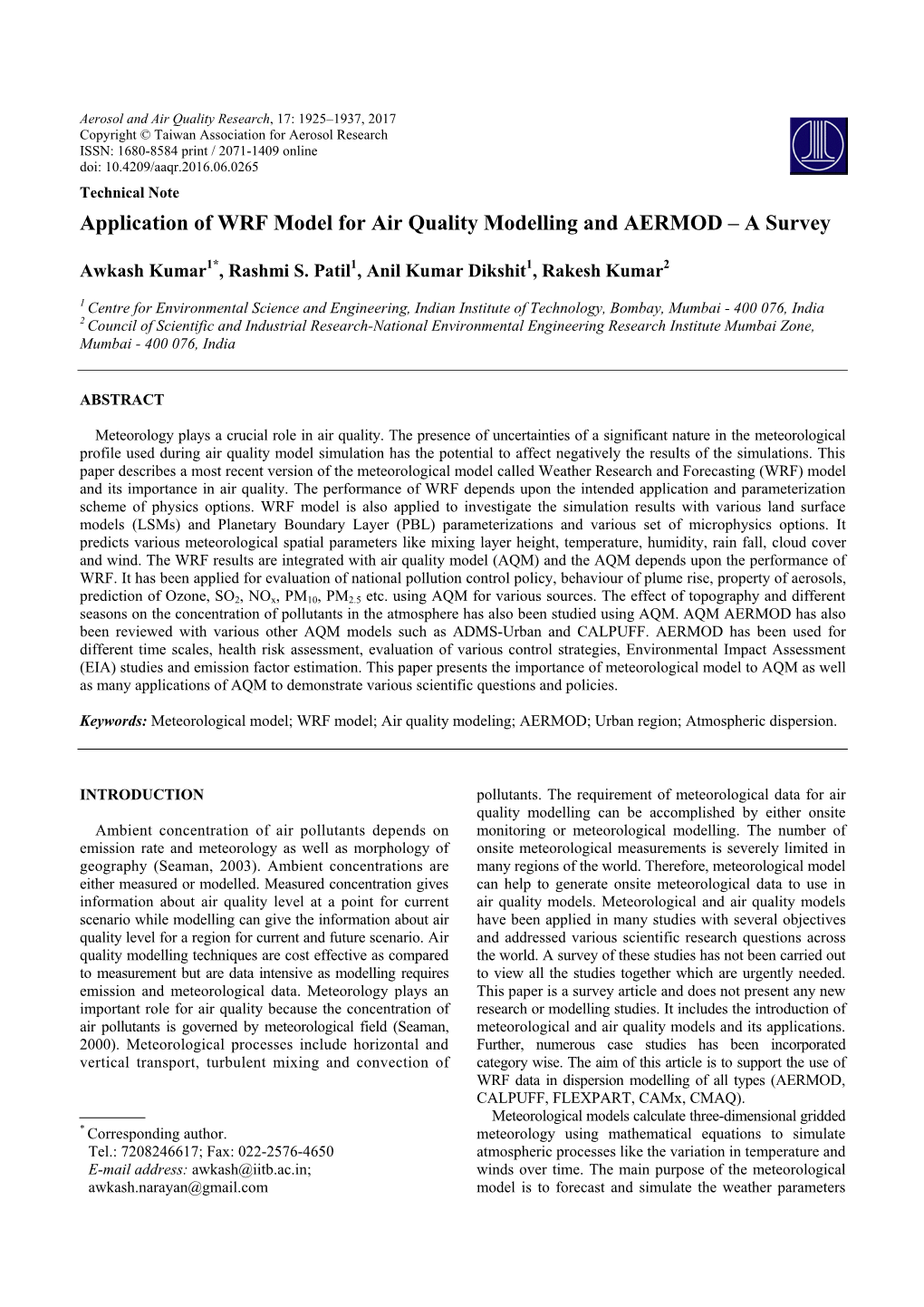 Application of WRF Model for Air Quality Modelling and AERMOD–A