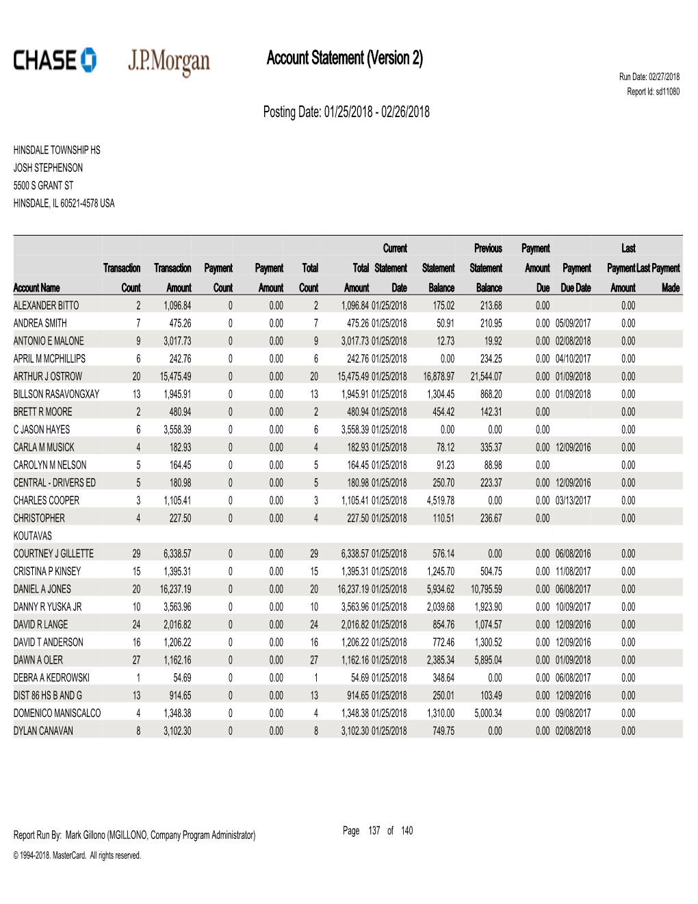 Account Statement (Version 2) Run Date: 02/27/2018 Report Id: Sd11080 Posting Date: 01/25/2018 - 02/26/2018