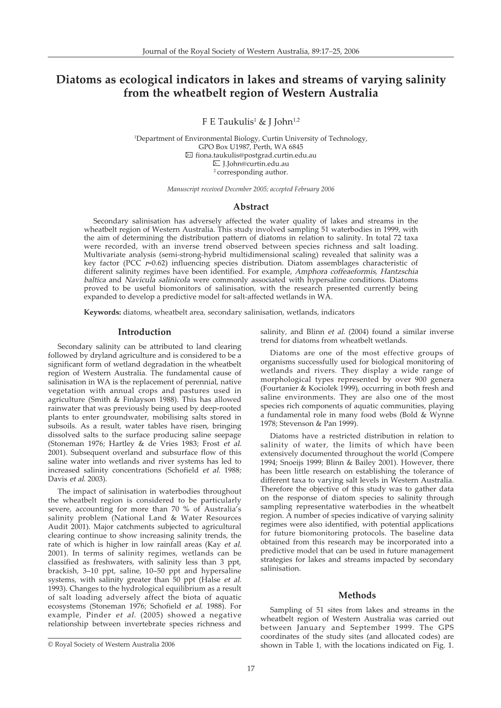 Diatoms As Ecological Indicators in Lakes and Streams of Varying Salinity from the Wheatbelt Region of Western Australia