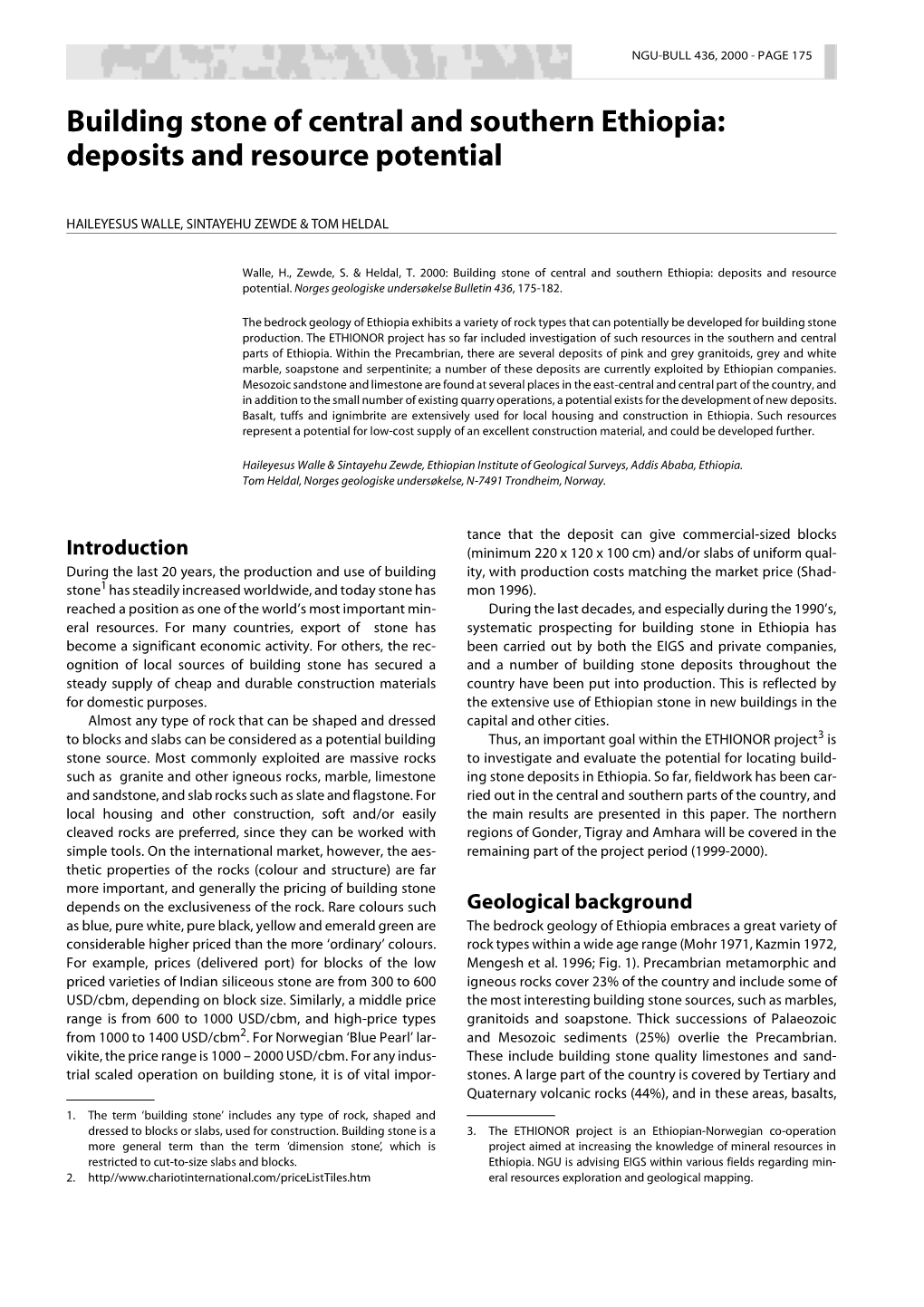 Building Stone of Central and Southern Ethiopia: Deposits and Resource Potential