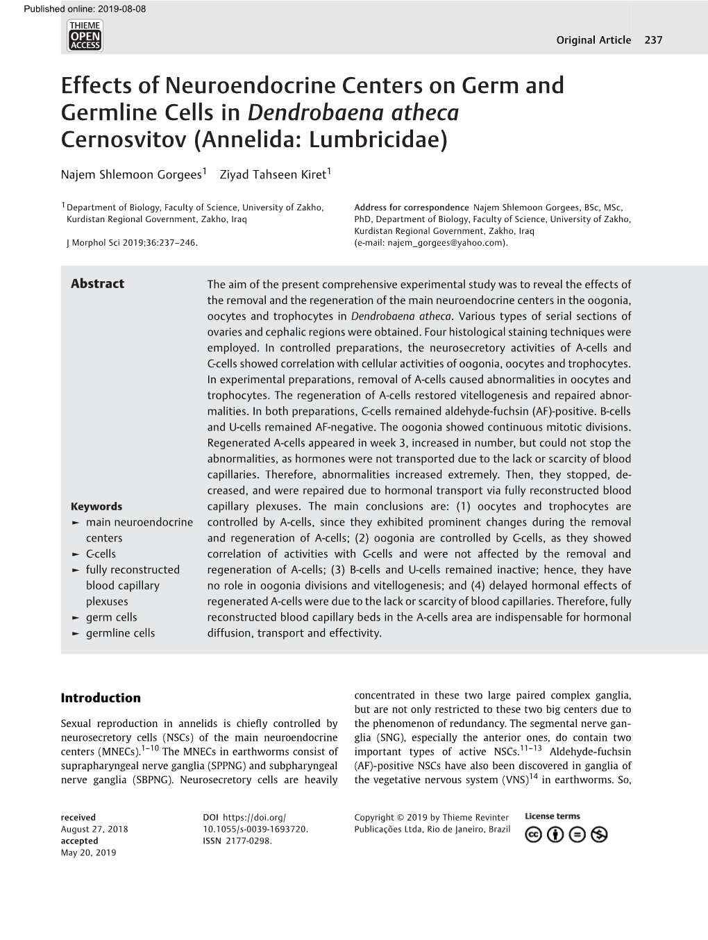 Effects of Neuroendocrine Centers on Germ and Germline Cells in Dendrobaena Atheca Cernosvitov (Annelida: Lumbricidae)