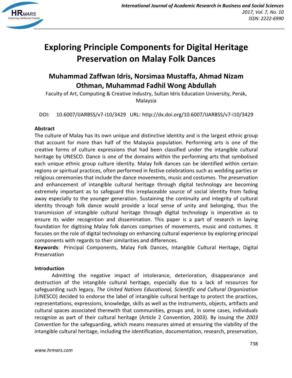 Exploring Principle Components for Digital Heritage Preservation on Malay Folk Dances