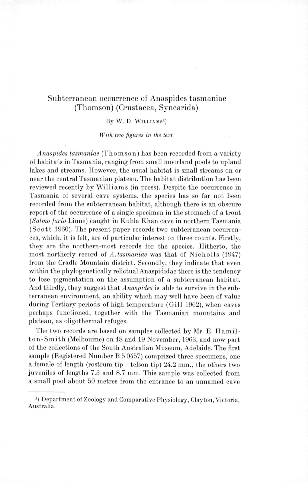 Subterranean Occurrence of Anaspides Tasmaniae (Thomson) (Crustacea, Syncarida)