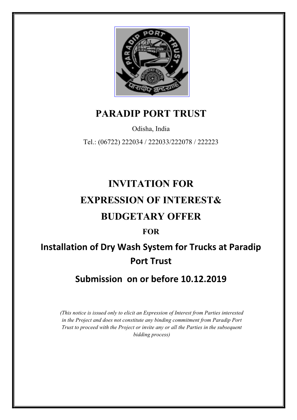 Paradip Port Trust Invitation for Expression of Interest&