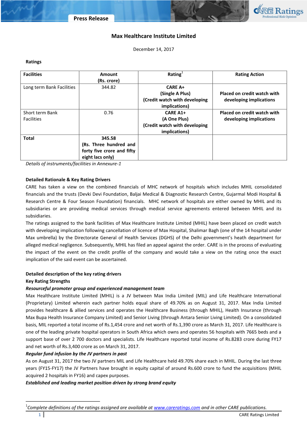 Press Release Max Healthcare Institute Limited