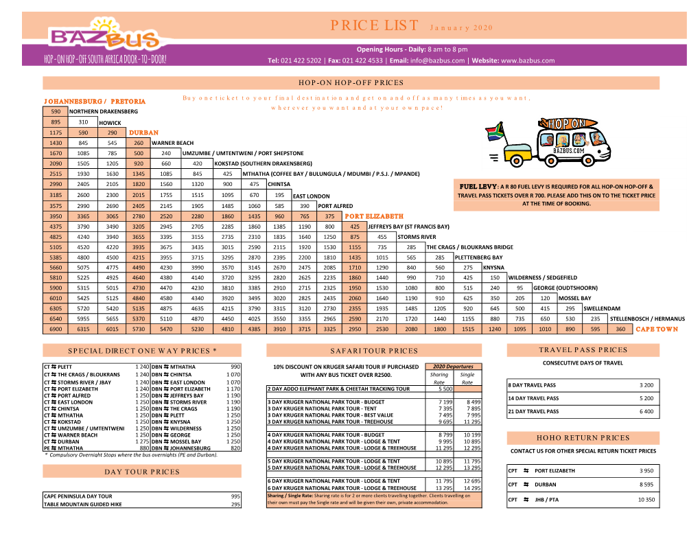 PRICE LIST January 2020