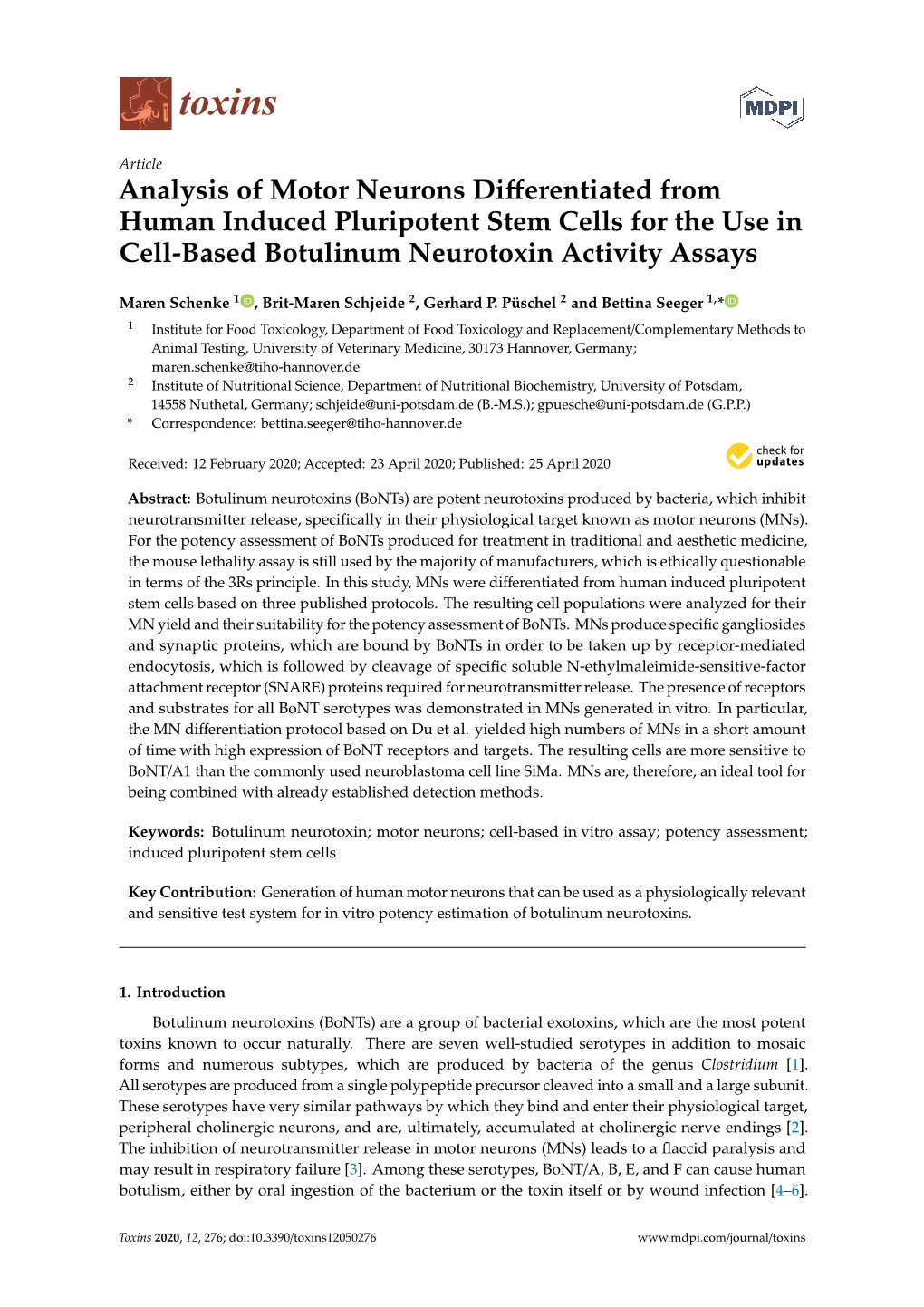 Analysis of Motor Neurons Differentiated from Human Induced Pluripotent Stem Cells for the Use in Cell-Based Botulinum Neurotoxin Activity Assays