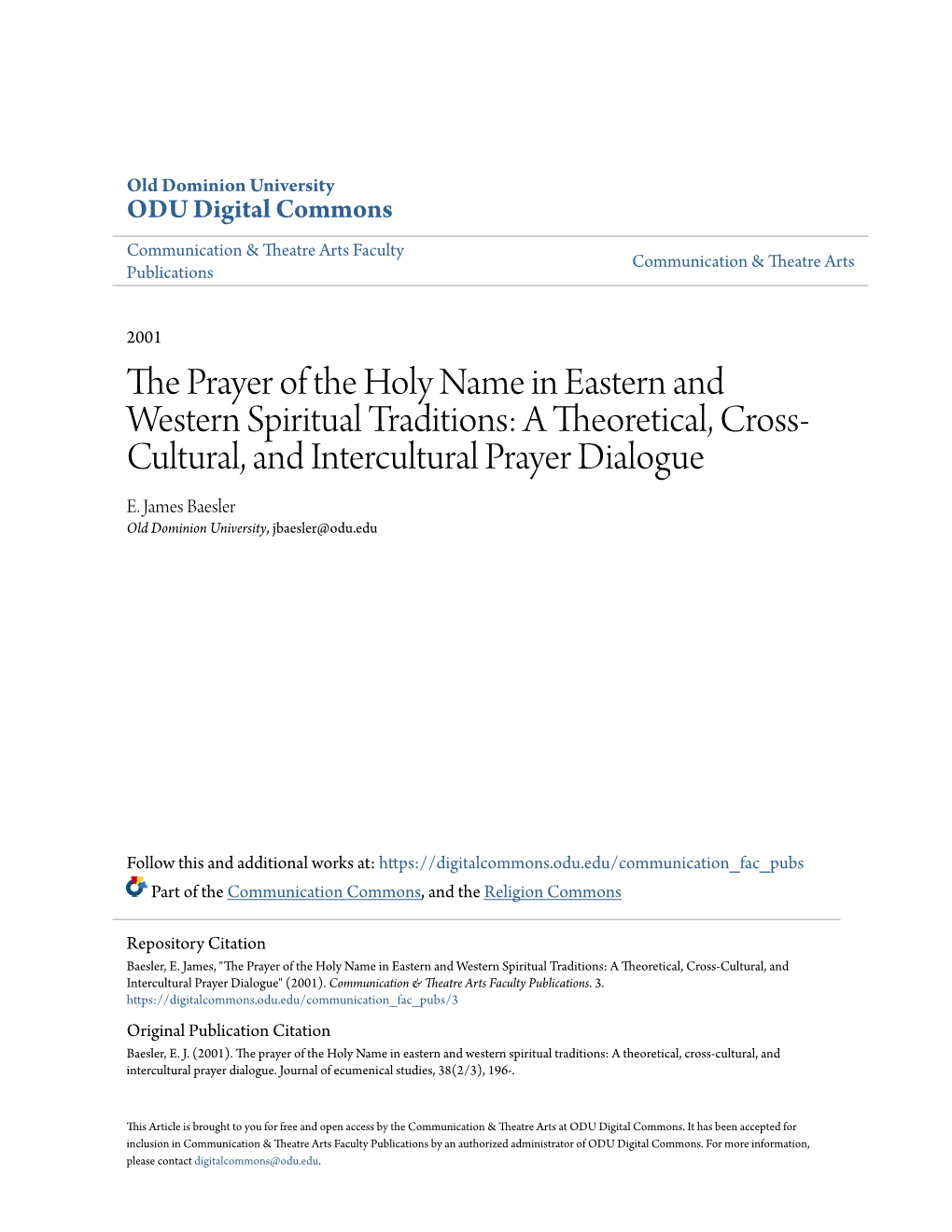 The Prayer of the Holy Name in Eastern and Western Spiritual Traditions: a Theoretical, Cross-Cultural, and Intercultural Prayer Dialogue